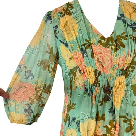 Sundance Sylvan Sage Green Floral Sheer Crepe Texture Silk Babydoll Blouse - Picture 7 of 10